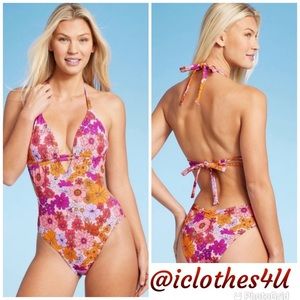 Blush Floral Print One Piece Bikini, One Piece Coverage in Front Bikini in Back